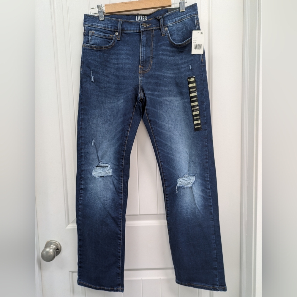 LAZER Men's Blue Distressed Straight Fit Jeans